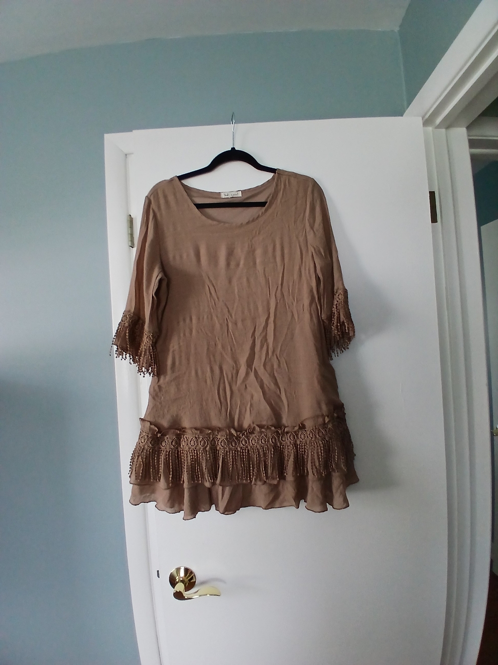 indigo soul Taupe Fringe-Trim Tunic